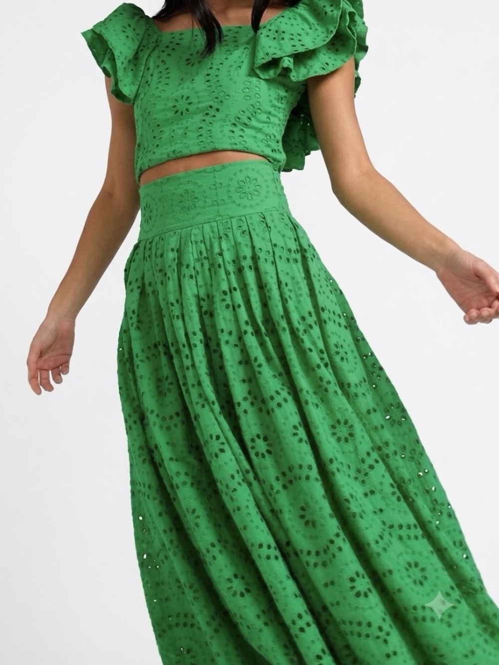 Love Bonfire, The Label - Ruled by Venus Green Eyelet Maxi Skirt with High Waist